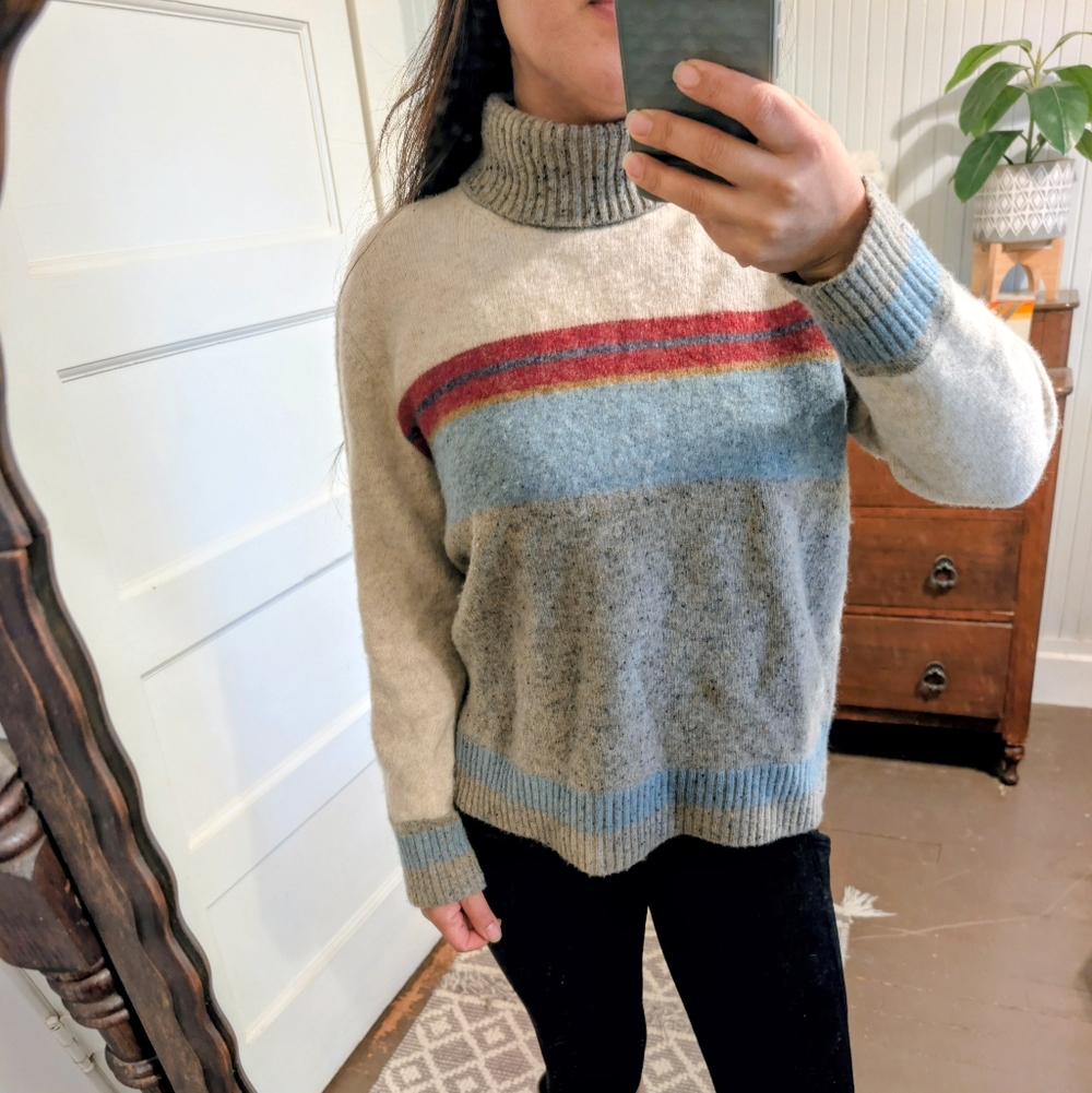 Pendleton wool Striped Turtleneck Sweater  Beige Blue Gray Quiet Luxury S/M